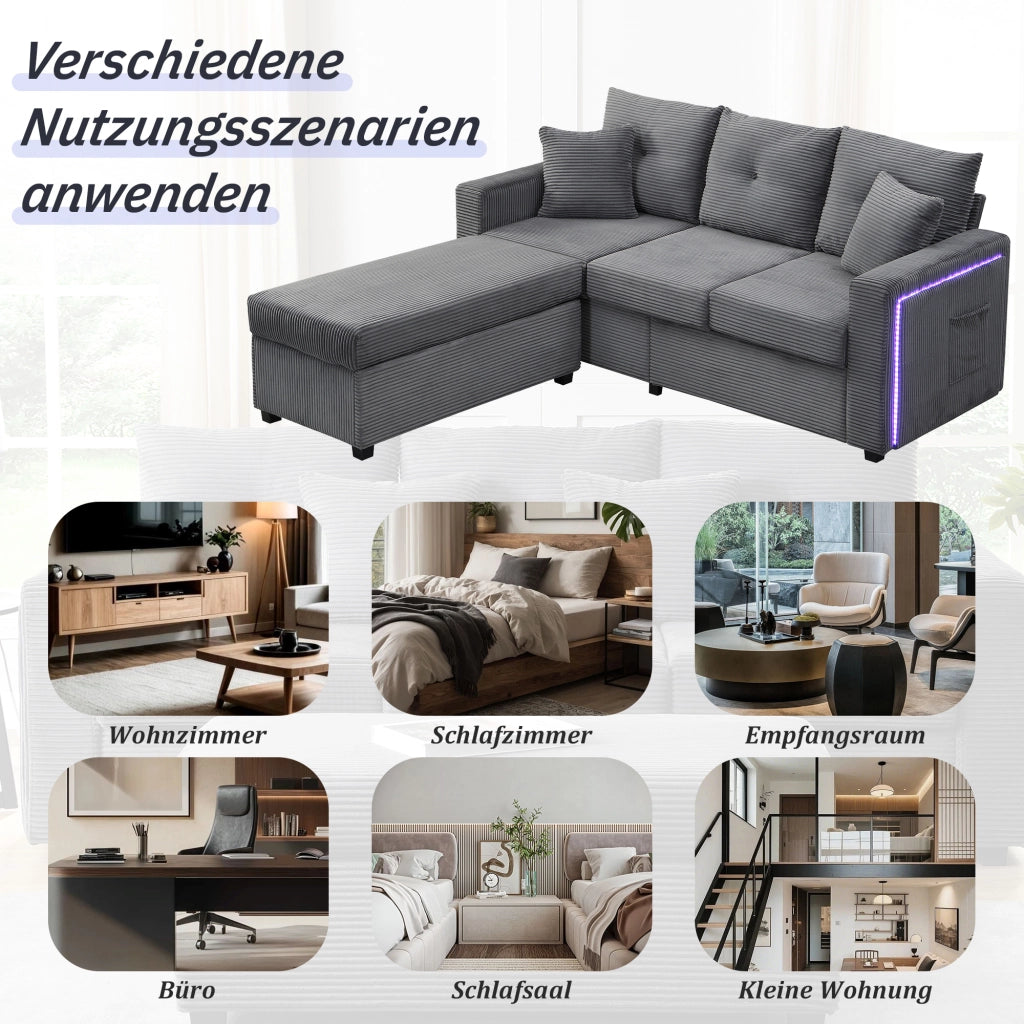 Divano ad angolo modulare con illuminazione LED e pouf versatile, con 2 cuscini, in tessuto corduroy grigio antico