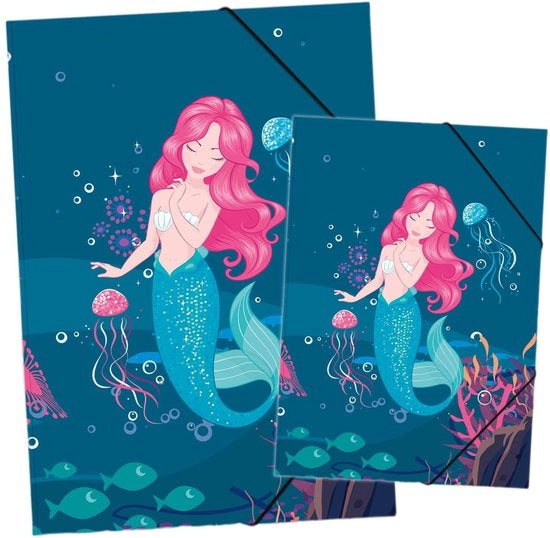 Set di cartelle da disegno DIN A3 e cartella DIN A4 con motivi - cartella elastica - per bambini, ragazzi, studenti, ragazze, ragazzi (set A3 e A4 motivi sirene del mare)