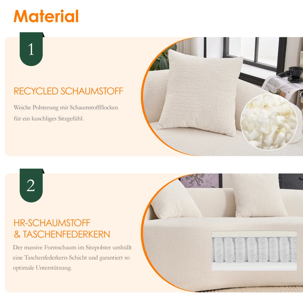 Divano angolare modulare 4 posti con design curvo in chenille e schiuma per soggiorno bianco