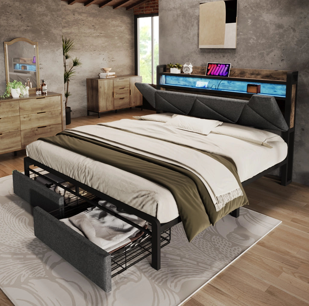 Letto matrimoniale 140x200 cm con LED; USB C; testiera contenitore e 2 cassetti; tessuto grigio