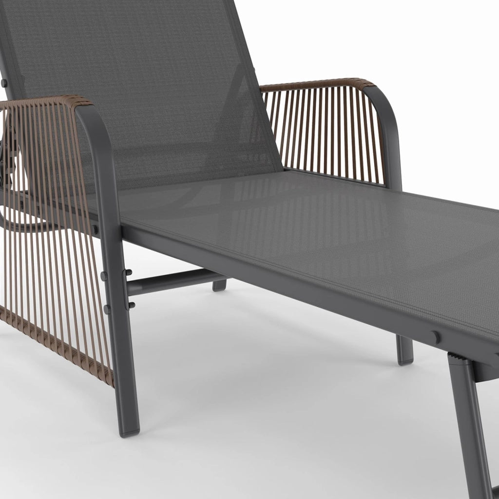 Set di 2 lettini da Giardino reclinabili Rio in Acciaio Grigio Antracite, Corda in Rattan con braccioli e Tela Grigia