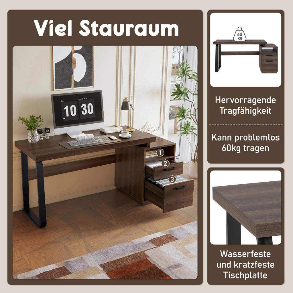 Scrivania moderna 135 x 54 cm in MDF e metallo, colore marrone