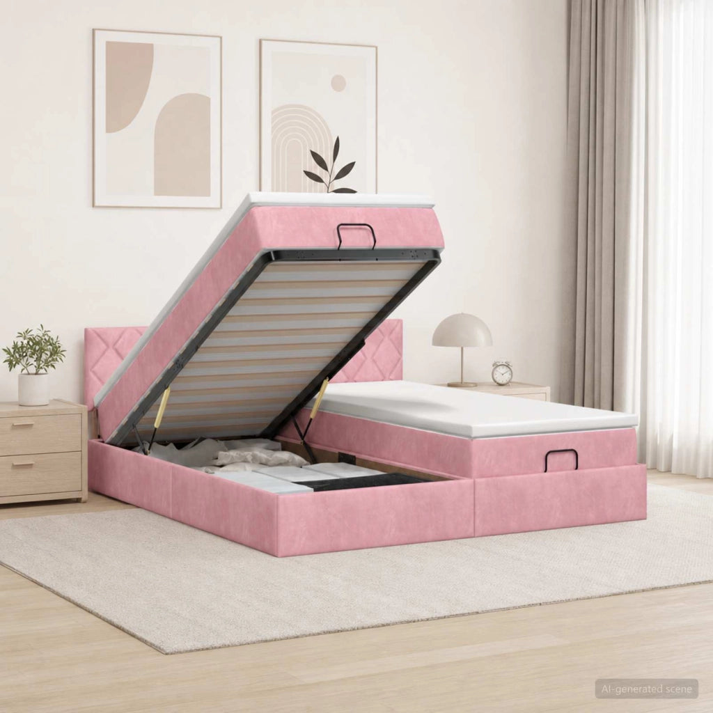 Letto ottomano con materasso con testiera 2 pz Rosa Velluto 3456779