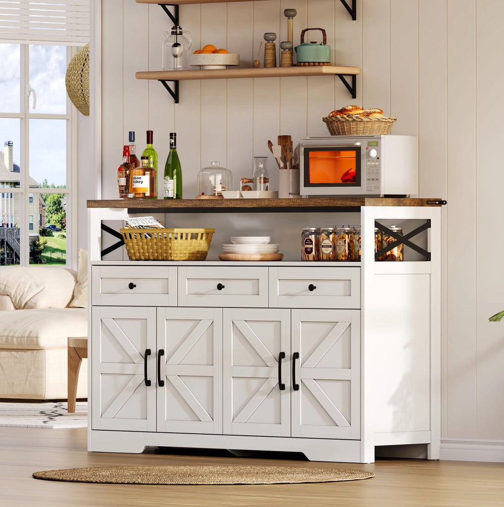 Credenza 140 cm, 3 cassetti in MDF bianco e marrone, stile rustico