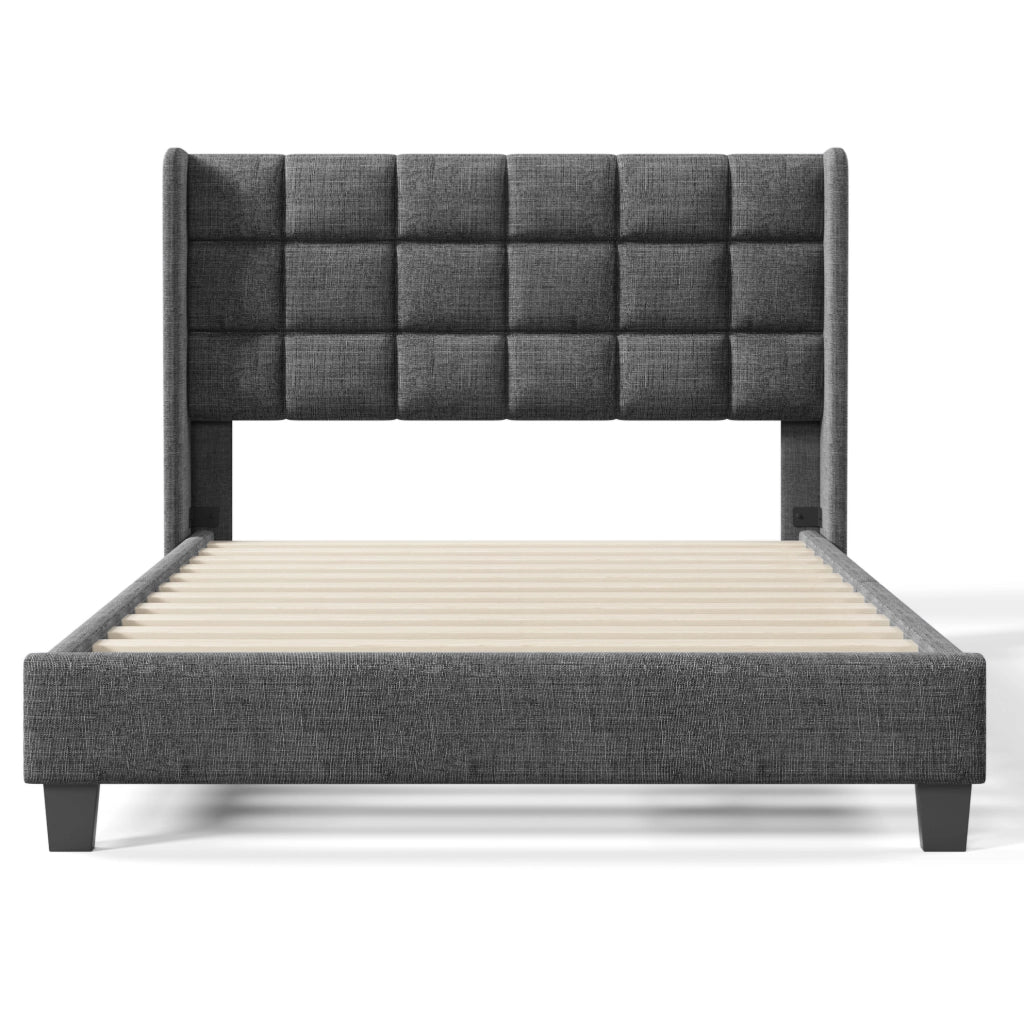 Letto matrimoniale imbottito 140x200 cm in lino grigio con testiera alta e rete a doghe