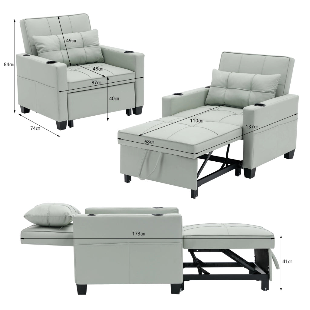 Divano letto singolo 3 in 1 con portabicchieri tasca laterale e schienale regolabile in PU e metallo verde chiaro