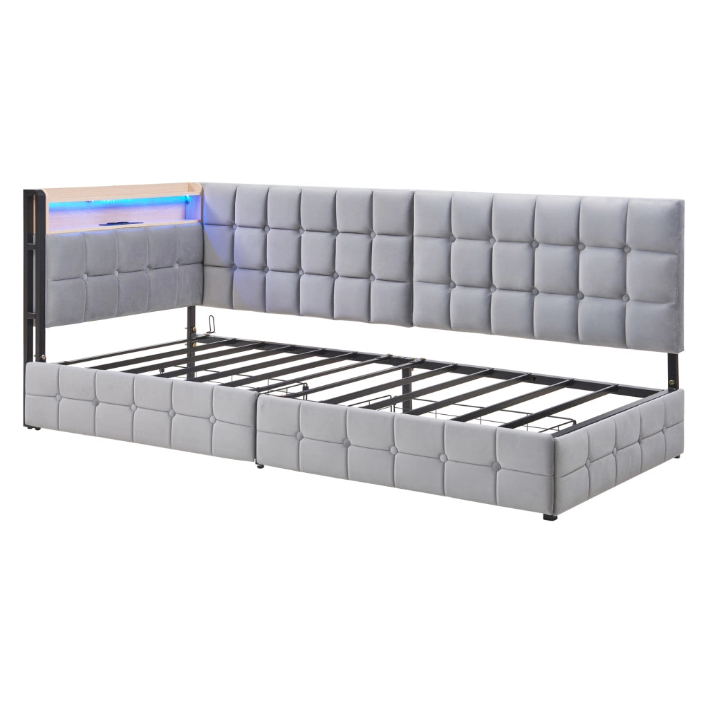 DESMIU Letto divano 90 × 200 cm 1 posto con 2 cassetti, LED, USB e Type-C, senza materasso, grigio