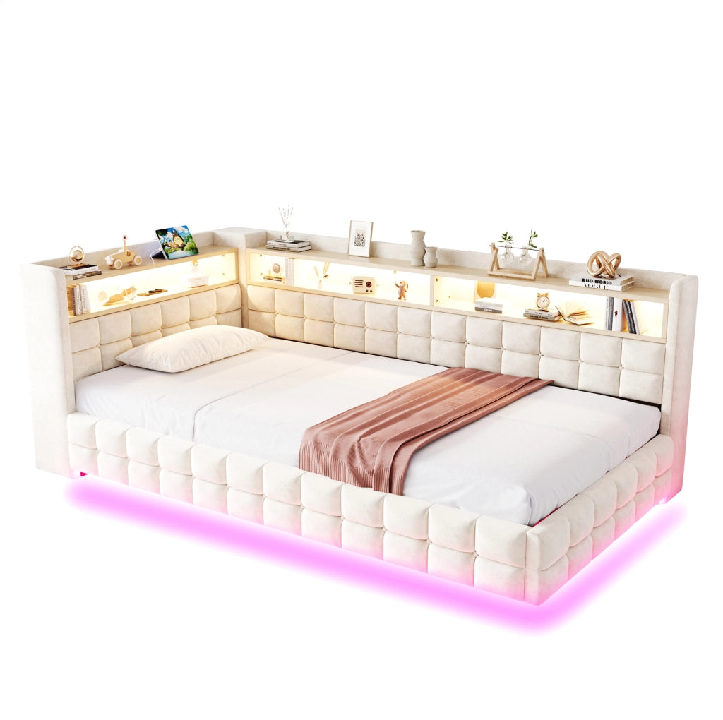 Divano letto imbottito 90x200 cm con contenitore idraulico; LED e prese USB-C; beige
