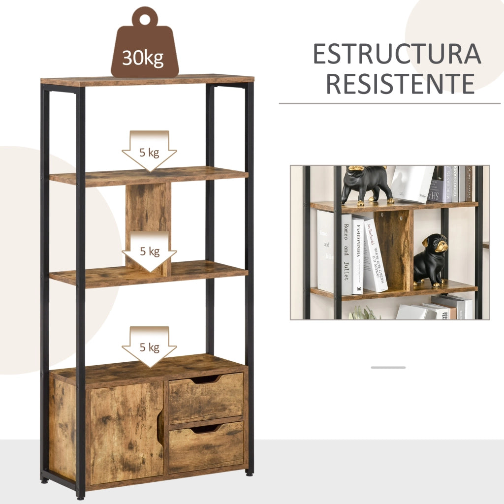 Libreria a Muro con Armadio e 2 Cassetti ¨C Zephmum ¨C Marrone Rovine 58x24x122 cm