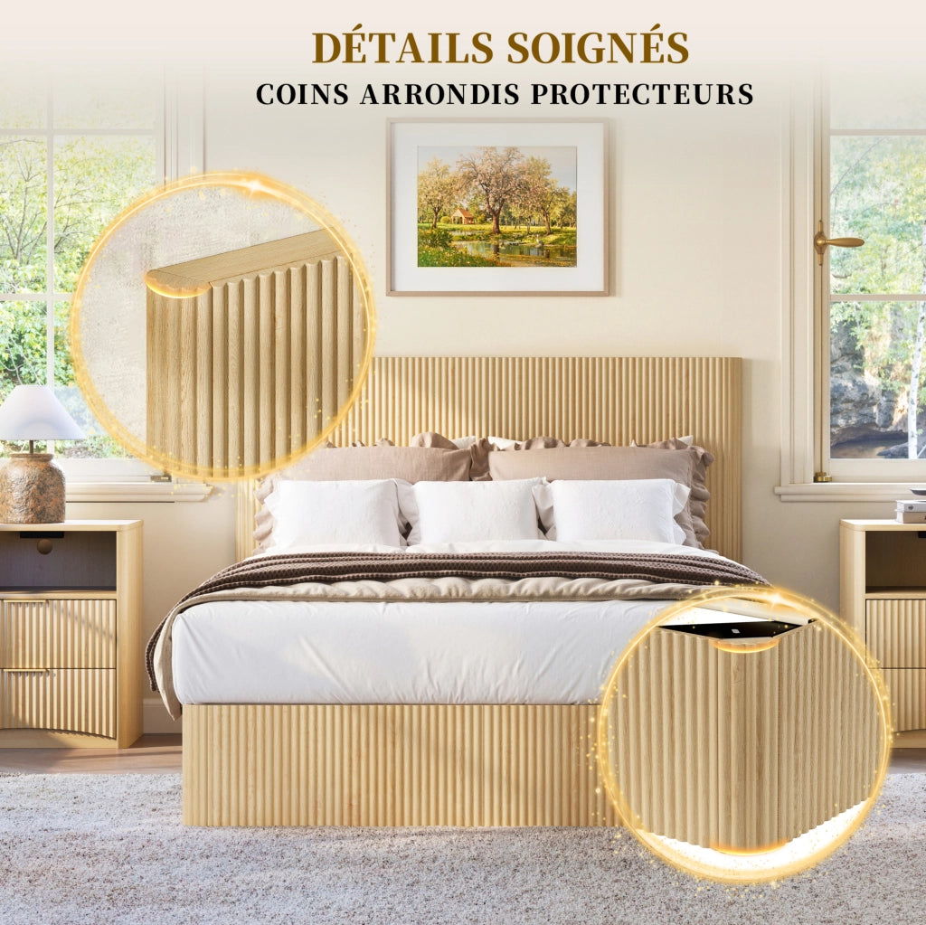 Letto contenitore 140 x 200 cm con sollevamento idraulico; MDF e metallo; rovere chiaro
