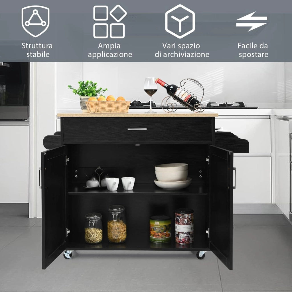 Carrello da Cucina con Ruote di Gomma, Scaffale per Microonde Carrello Servizio, Mobile Cucina con Ripiani e Ante, Credenza Cucina Legno Moderno Elegante, 116 x 37 x 85 cm (Nero)