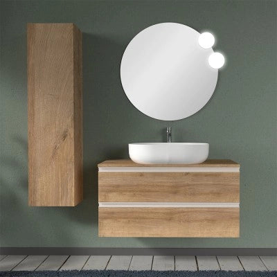 Mobile bagno sospeso 100 cm rovere miele con top e specchio tondo Master