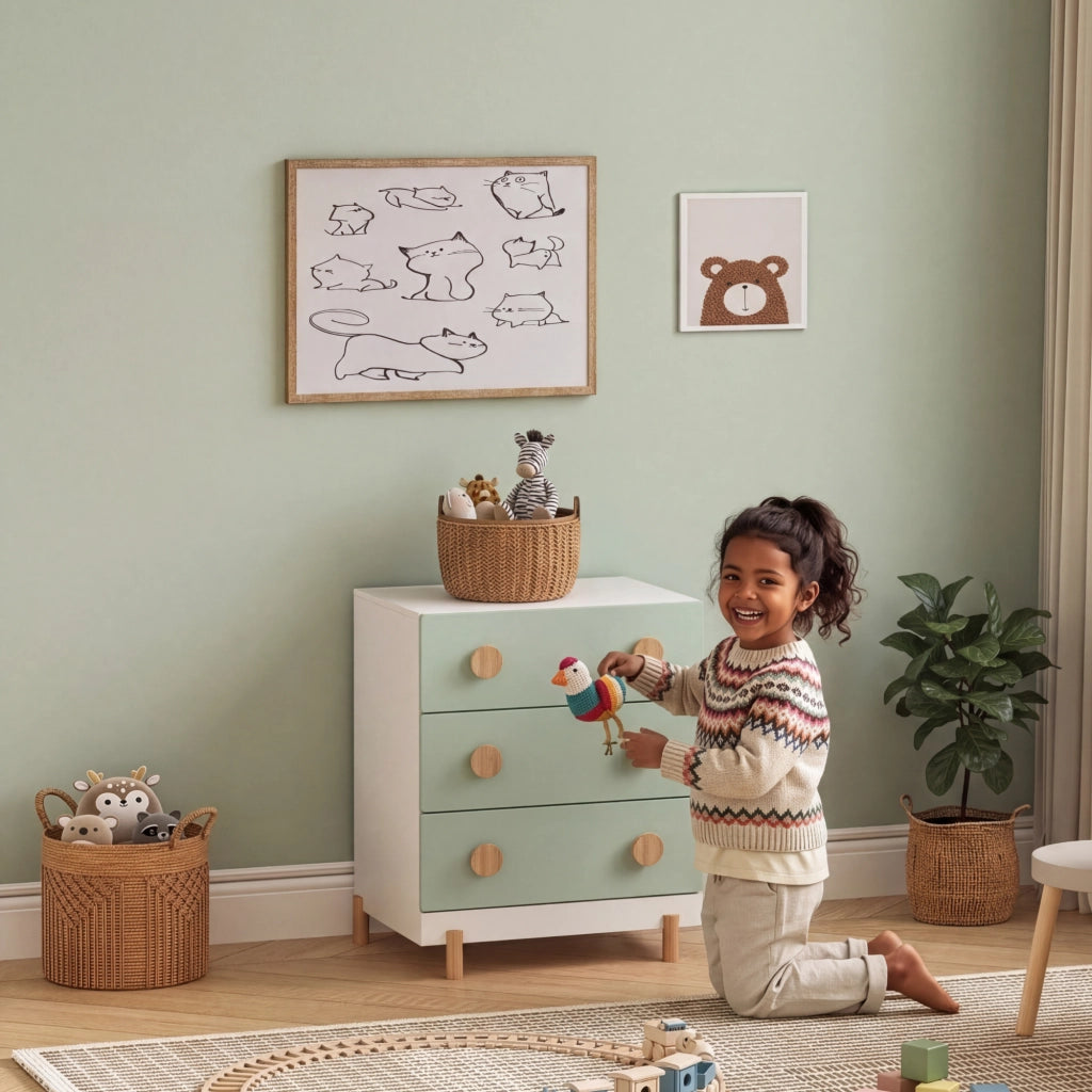 Cassettiera Vaarentaa per Cameretta con 3 Cassetti 66x55x41 cm - Bianco/Verde Menta [en.casa]