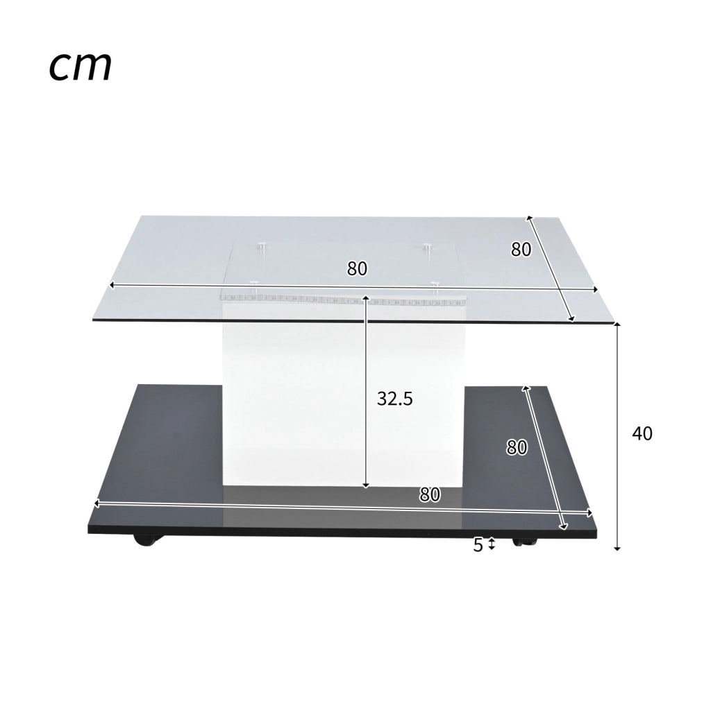 Tavolino da salotto moderno 80x80x40 cm con LED; vetro temperato; bianco e nero