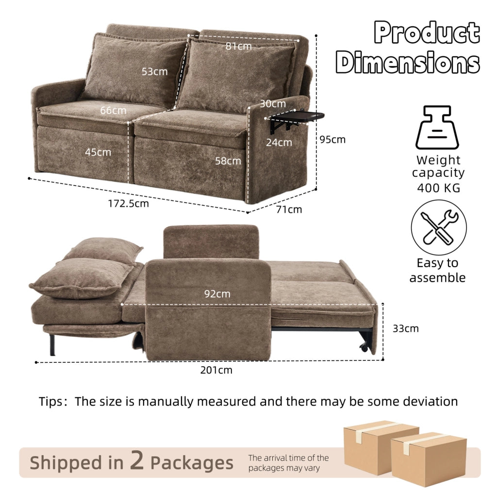 Divano letto 172，5x71x95 cm in ciniglia marrone con USB Type-C e vano contenitore