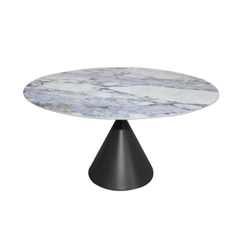 Tavolo fisso Punto con piano effetto marmo con dettagli blu D150xH76 cm.