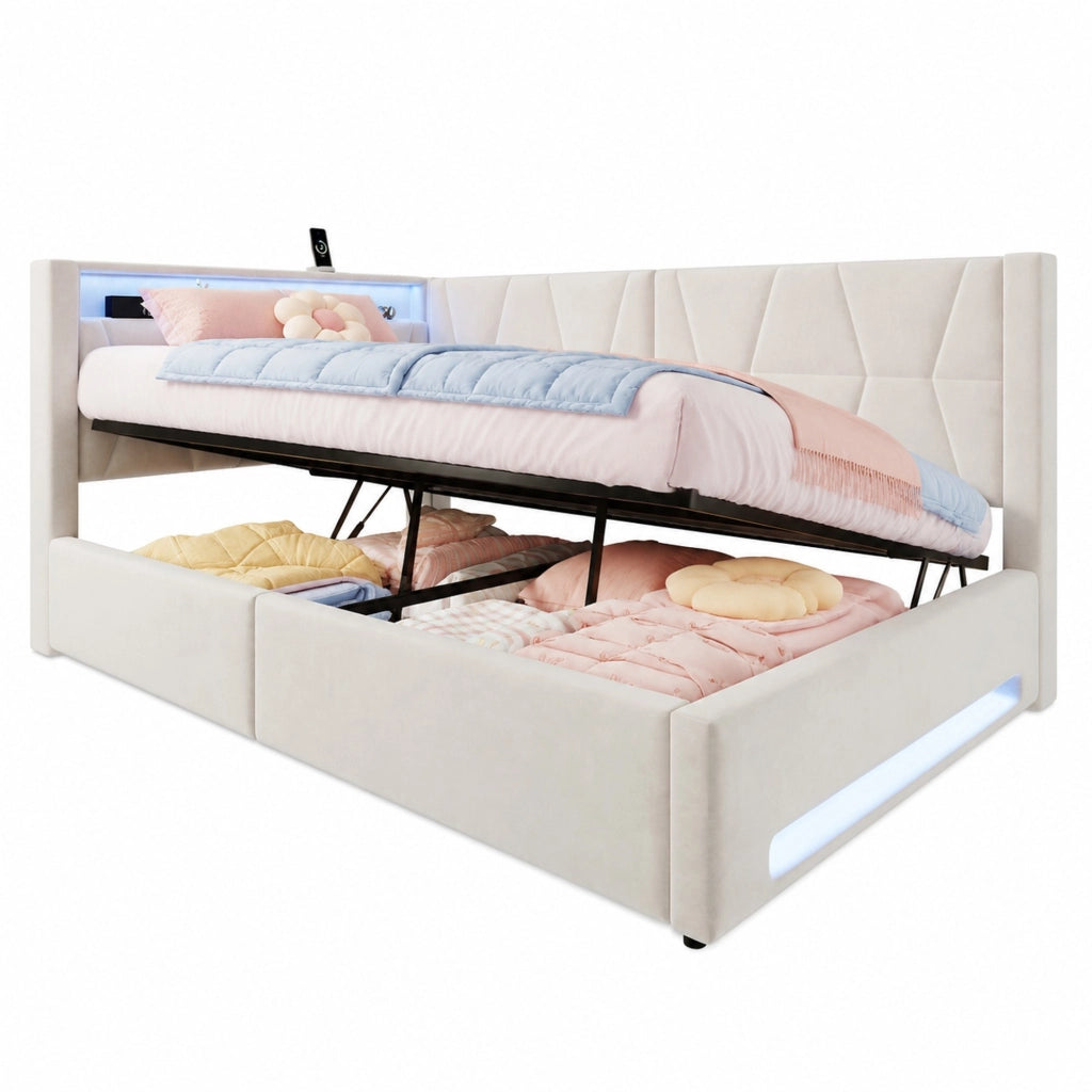 Letto imbottito 140x200 cm beige con contenitore, LED e USB