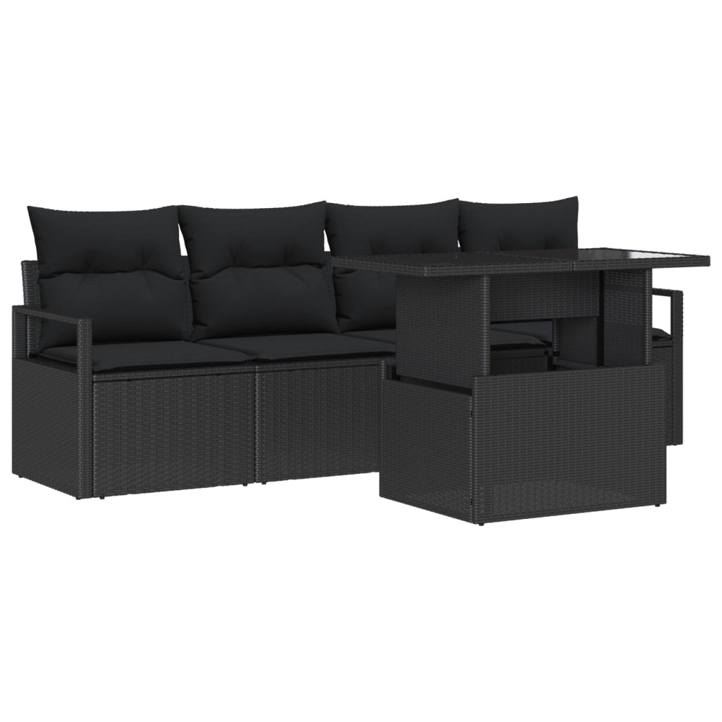 Set Divano da Giardino a 5 Pezzi con Cuscini Nero Rattan Sintetico