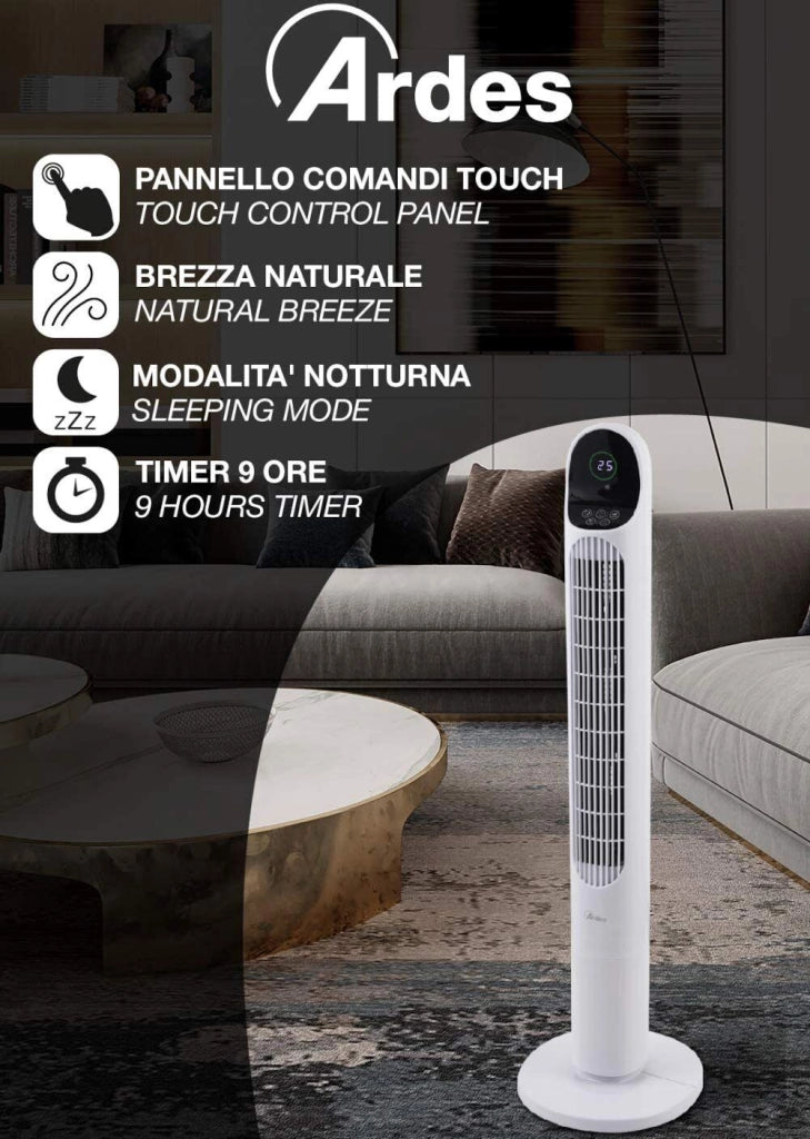 Ardes AR5T1000 Ventilatore a Torre Alta 100cm con Telecomando Timer e 3 Velocita' Oscillazione Automatica Bianco