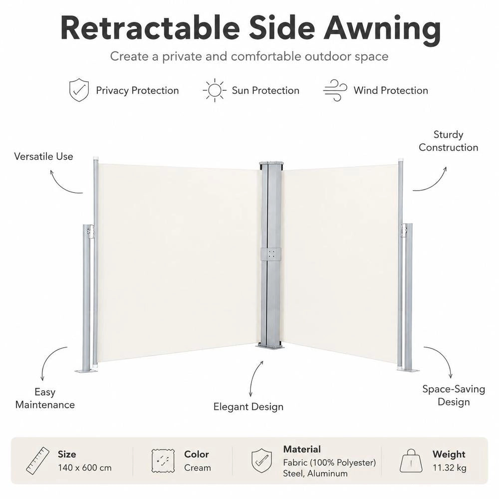 Extendable Side Awning, Cream, 140 X 600 Cm