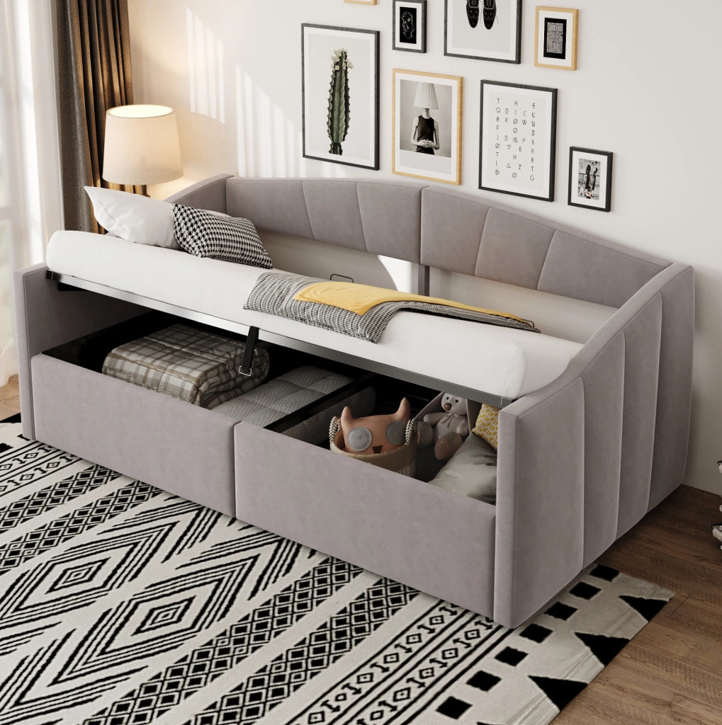 Letto divano imbottito con contenitore idraulico 90x200 cm in velluto grigio chiaro