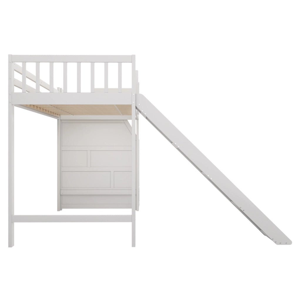 Letto a soppalco 90x200 cm con scivolo e scala portaoggetti in legno bianco