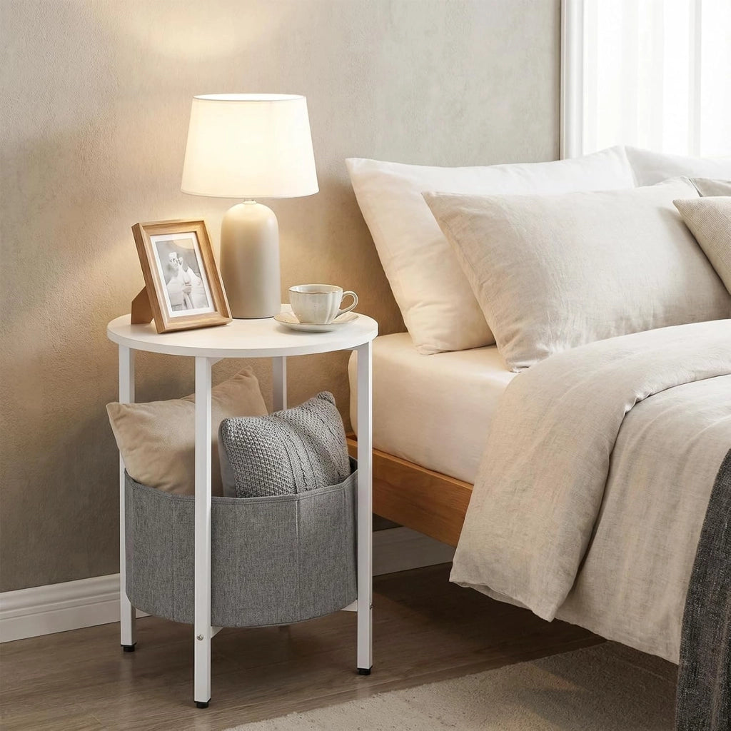 Tavolino rotondo a 2 livelli, tavolino da caffè con cesto portaoggetti in tessuto, telaio in metallo, tavolino per soggiorno, camera da letto, ufficio, 44 x 44 x 60,5 cm (bianco+grigio)