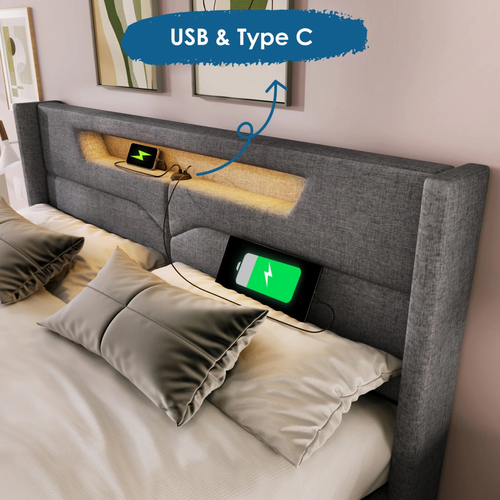 Letto contenitore 160x200 grigio con LED, USB e Type-C