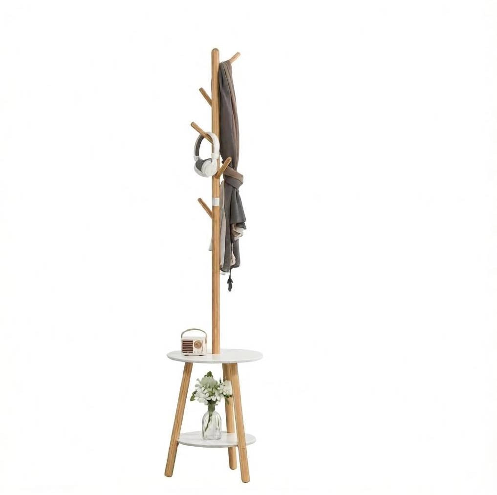 Appendiabiti 39.5x39.5x171 cm con 5 ganci e ripiano rotondo in bambù; bianco