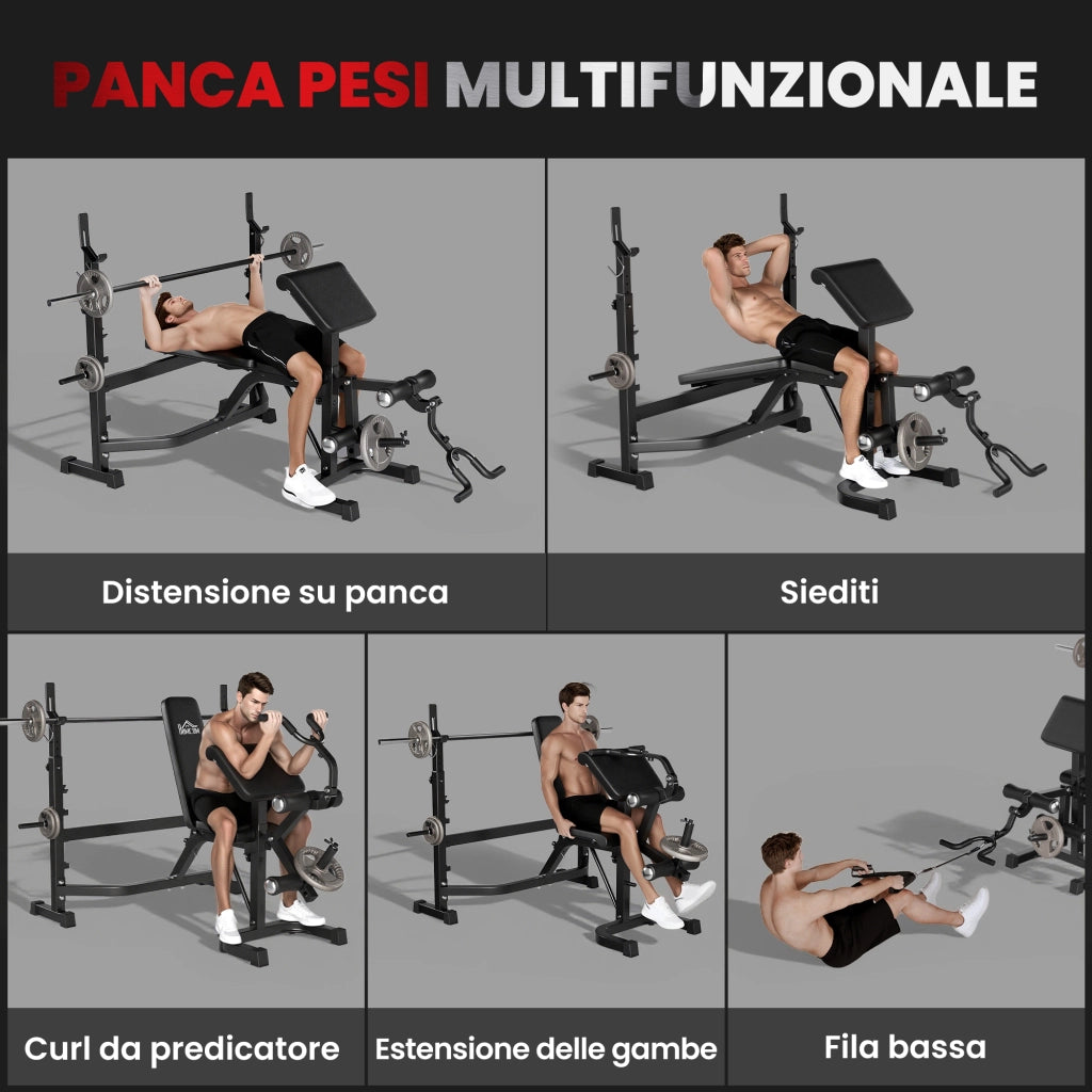 Panca Multifunzione Regolabile 187x140x117-136 cm con Rack Bilanciere in Acciaio e PU Grigio e Nero