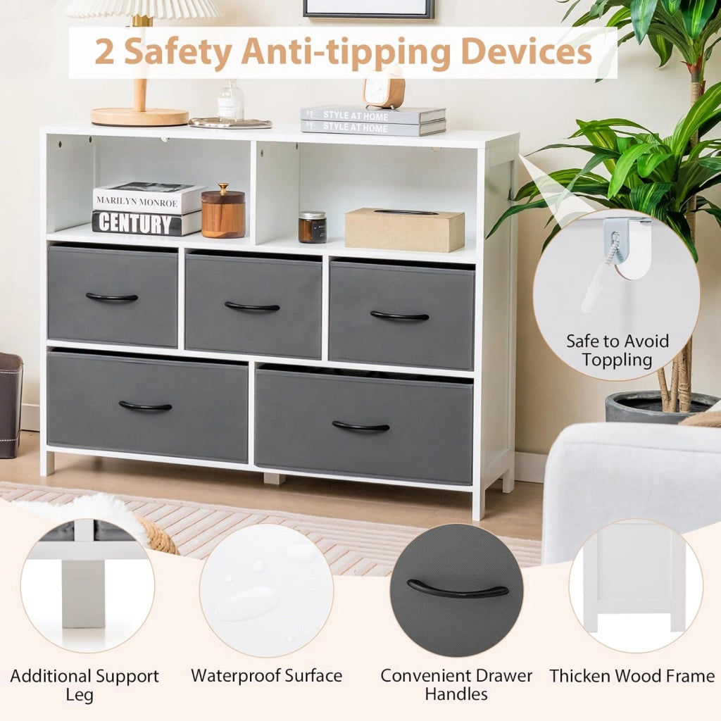 Comò con 5 Cassetti in Tessuto, Cassettiera con 2 Somparti Aperti e Cassetti Rimovibili e Pieghevoli, Porta Tv fino a 50", Armadio Multiuso per Camera da Letto, Soggiorno, 100 x 30 x 78 cm