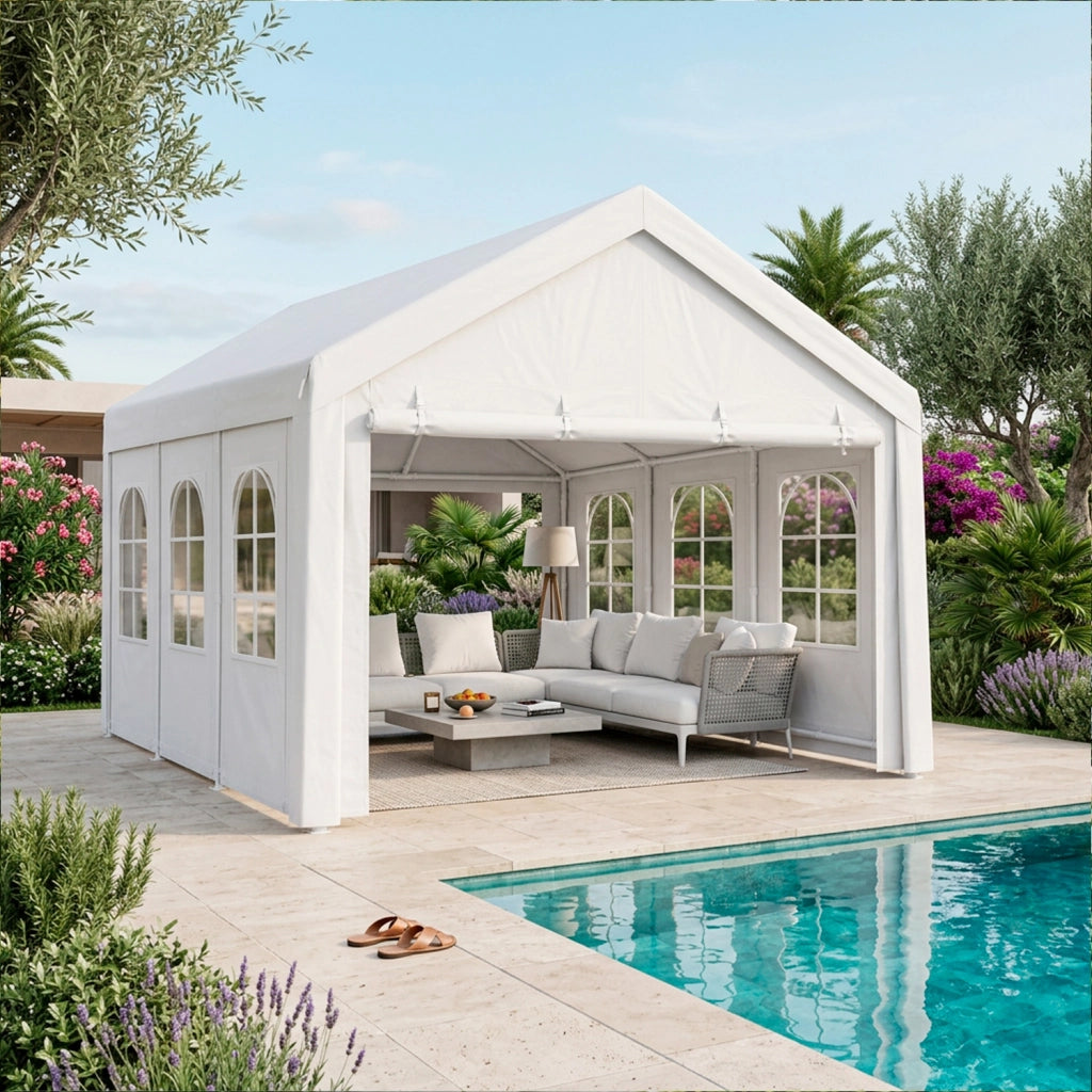 Gazebo Da Giardino Professionale Con Pareti Laterali Modulari E Finestre Cristalline Per Eventi Ricevimenti Catering Copertura Outdoor Resistente Impermeabile 6 x 4 x 3.15 Metri Bianco