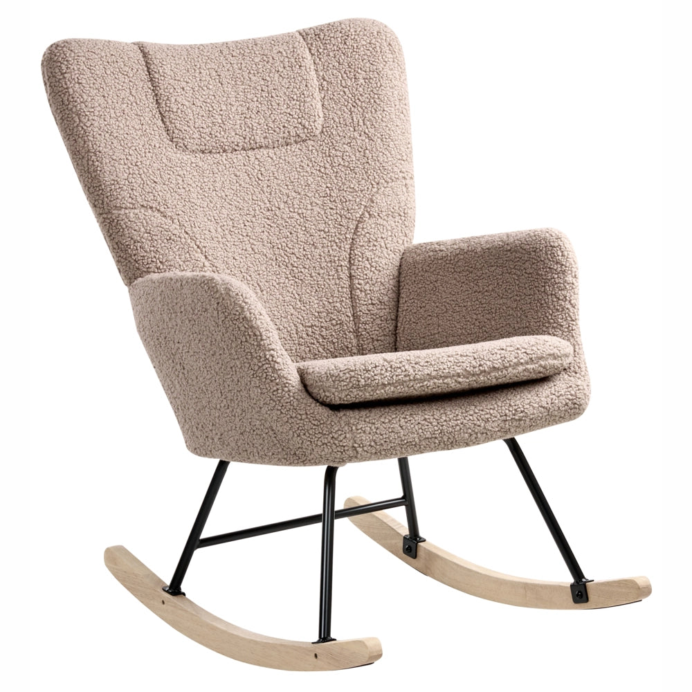 Sedia a dondolo Tessuto bouclé tortora Rivestimento in legno Gambe Pattini Nursery Soggiorno Cottage Scandinavo