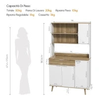 Credenza Cucina Alta Moderna con Armadietti e Cassetto, Mobile Dispensa con Ripiani regolabili, 98x39x180cm, Bianco e Legno| Aosom Italy