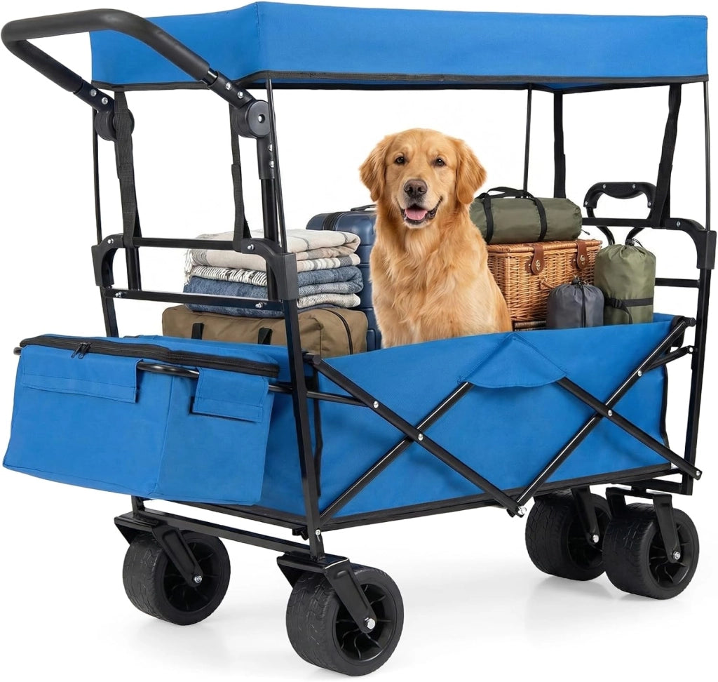 Carrello Pieghevole con Tetto, Carrello Trasportabile con Maniglia Regolabile, Borsa Portaoggetti e Ruote Grandi, Carrello da Giardino Capacità 100L, per Campeggio e Animali Domestici (Blu)