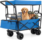 Carrello Pieghevole con Tetto, Carrello Trasportabile con Maniglia Regolabile, Borsa Portaoggetti e Ruote Grandi, Carrello da Giardino Capacità 100L, per Campeggio e Animali Domestici (Blu)