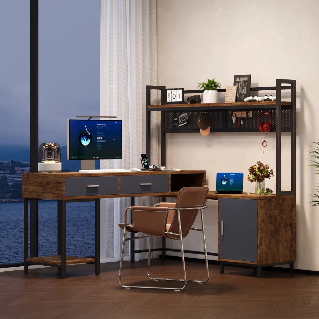 Scrivania angolare industriale 140x140x135 cm con cassetti e anta, struttura in MDF e metallo nero