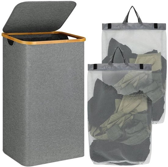 Wastesta con coperchio, 110 litri, raccolta cestelli lavanderia pieghevole, 2 cestelli lavanderia rimovibili, separatore lavanderia, lavandino, contenitori lavanderia per camera da letto, bagno, nursery (grigio)
