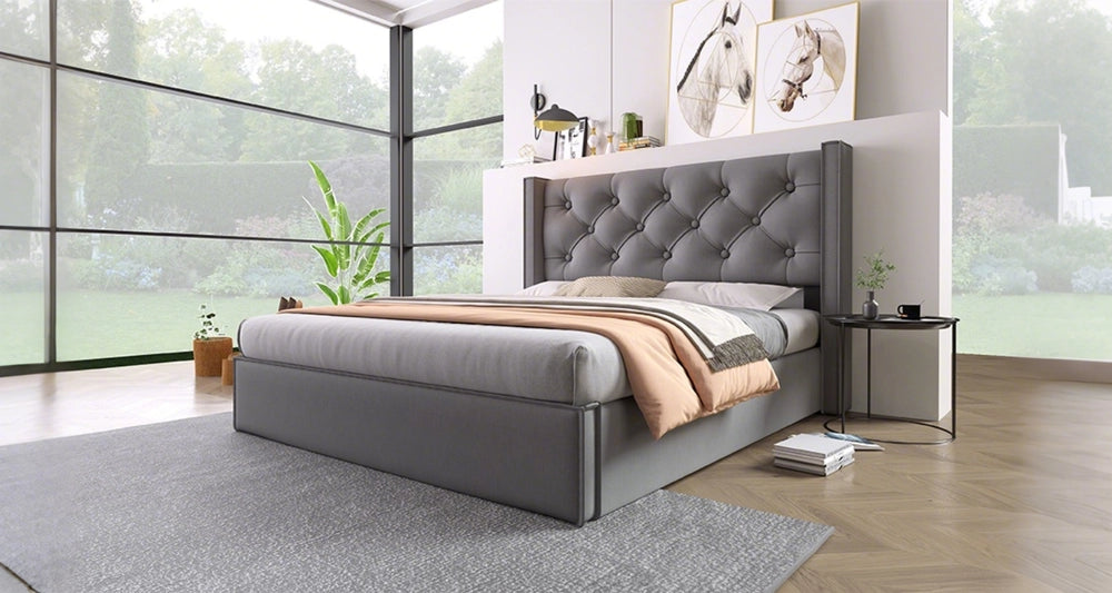 Letto Contenitore Matrimoniale Imbottito ¨C MINIMAL ¨C Tessuto Grigio 160x200 con Rete a Doghe Idraulico