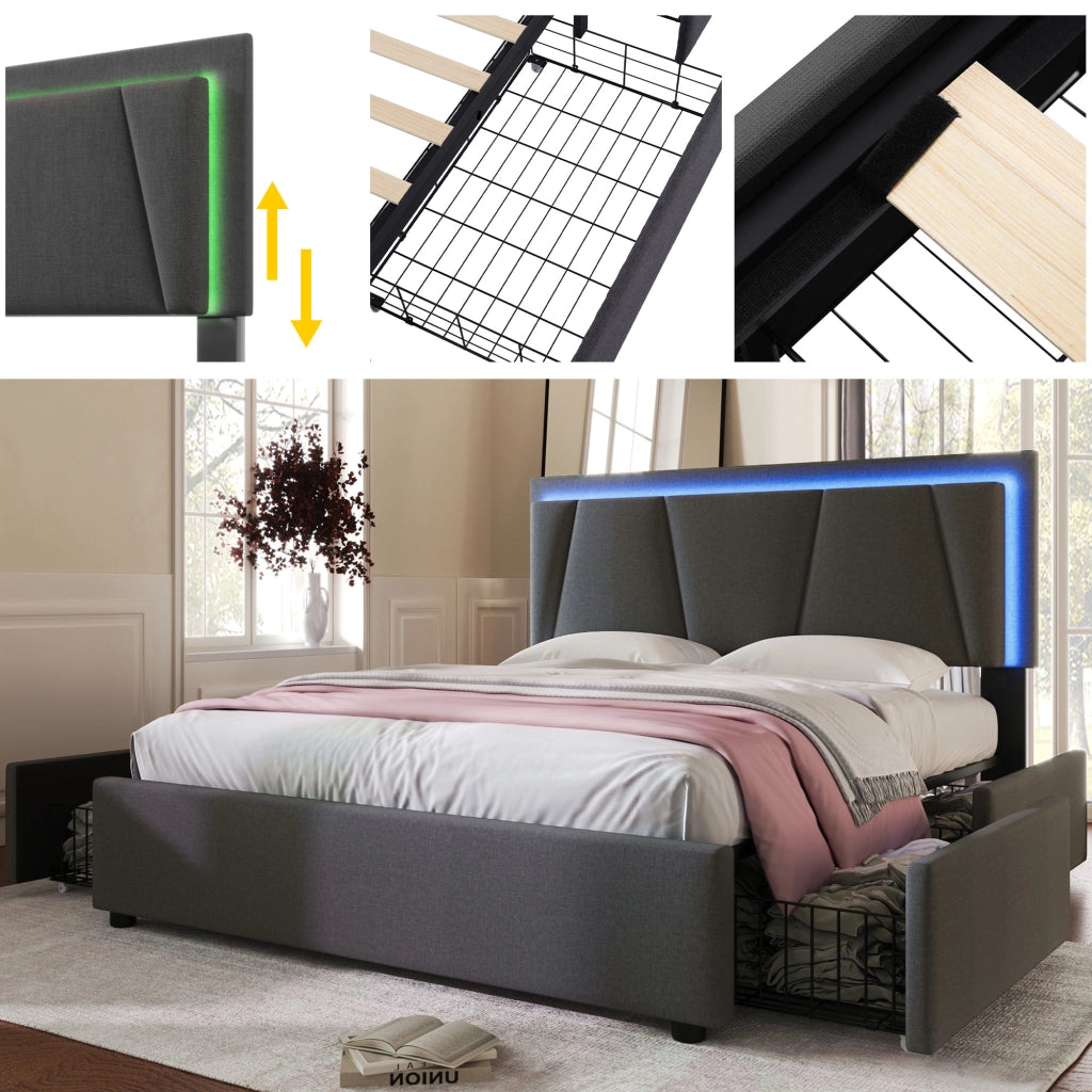 Letto matrimoniale 160 × 200 cm con LED, testiera regolabile e 4 cassetti, senza materasso, grigio