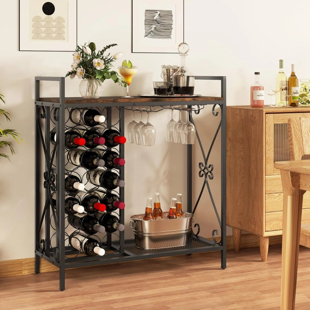 Portabottiglie da vino a 21 bottiglie, Organizzatore da terra con supporto per bicchieri e piano in legno Marrone + Nero