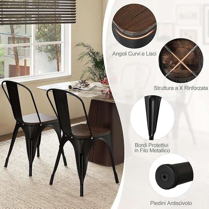 Set di 4 Sedie da Pranzo Impilabili 53 x 44,5 x84 cm, Sedie da Bar con Schienale Alto, Struttura in Legno e Acciaio, Ideale per Balcone, Cortile e Ristorante (Nero)