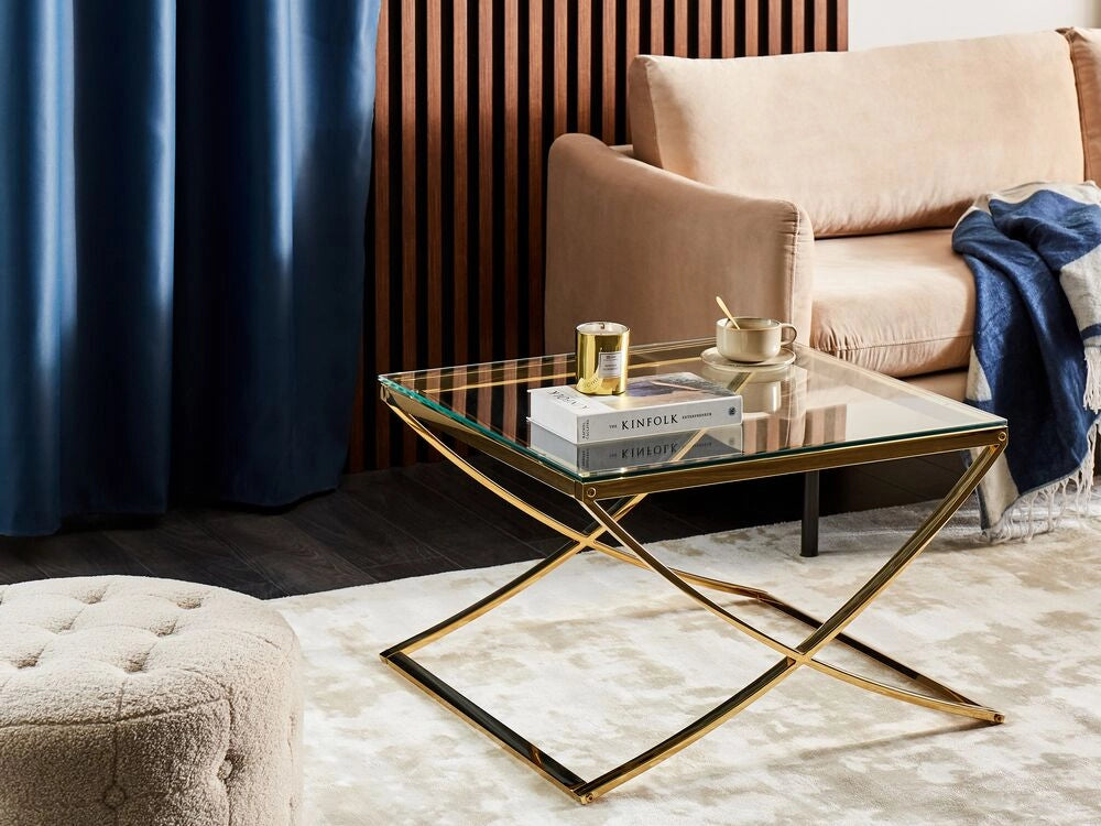 Tavolino da caffè con piano in vetro struttura in acciaio inox oro lucido stile glamour soggiorno