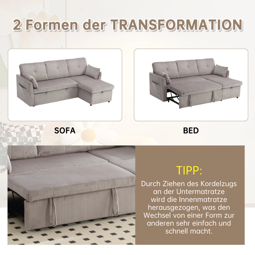 SOFA LETTO Modulare con contenitore, chaise longue intercambiabile, 206x108x66 cm, Corduroy grigio chiaro