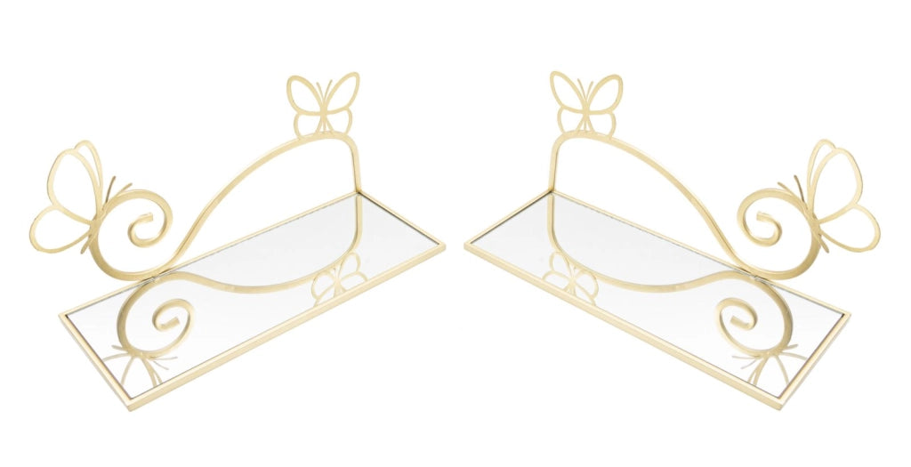 Comodino mensola BUTTERFLY COPPIA 41,5x18x21 cm metallo dorato con vetro