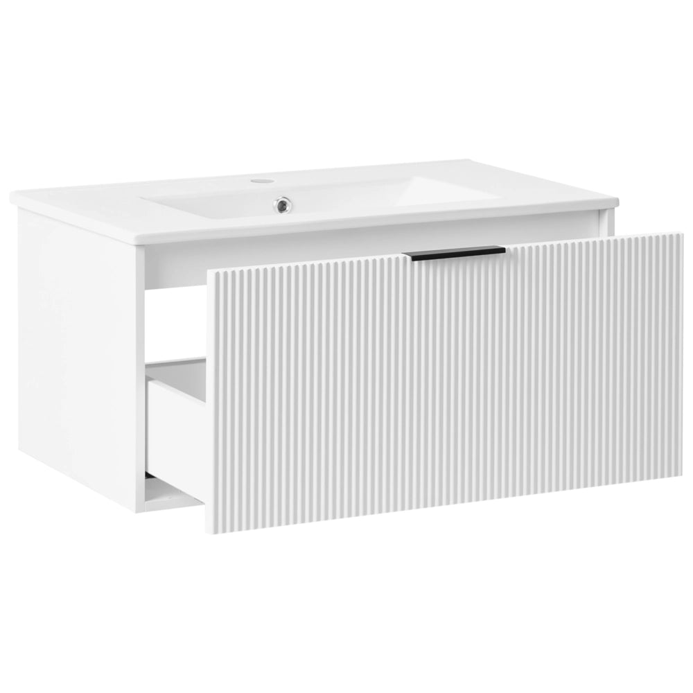 Mobiletto a muro con lavabo in legno massiccio Bianco con maniglia nera per il bagno 80 cm stile moderno
