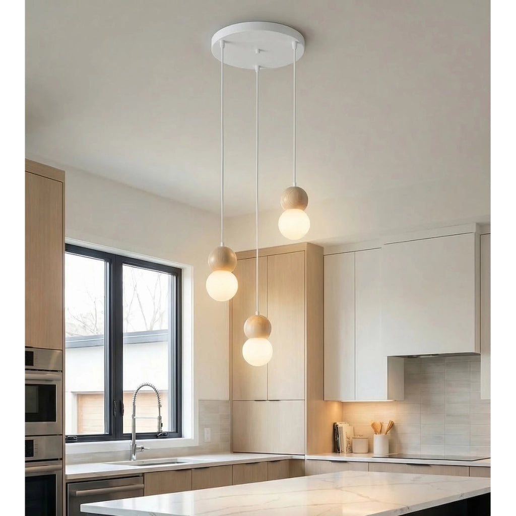 Lampada a sospensione LOOP in acciaio bianco e legno naturale