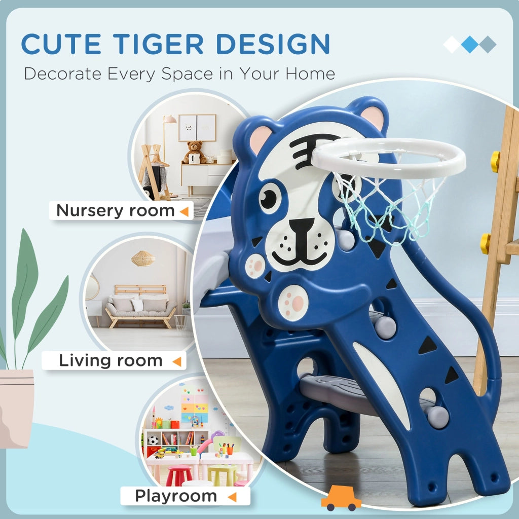 Scivolo per Bambini 133x60x70 cm con Canestro Laterale in PE Blu e Grigio