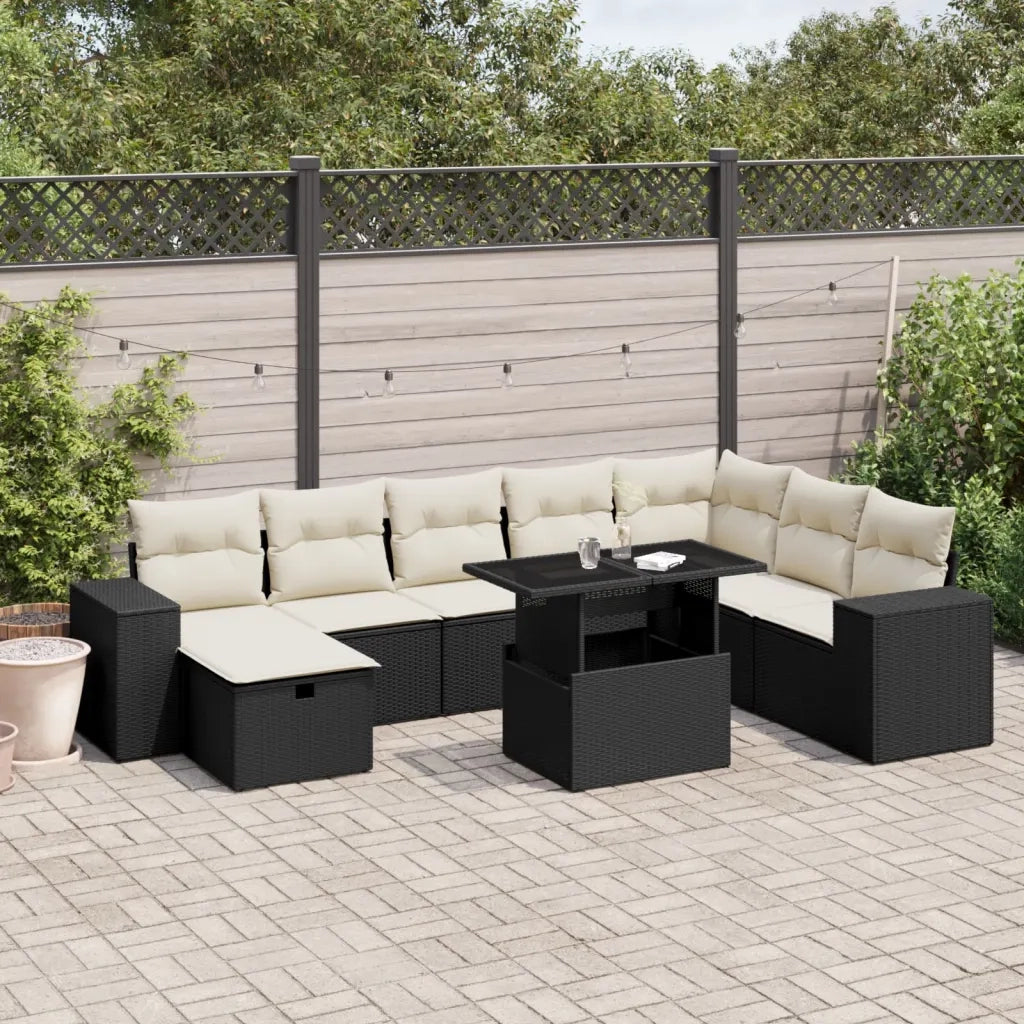 Set Divani da Giardino 9 pz con Cuscini Nero in Polyrattan 3275346
