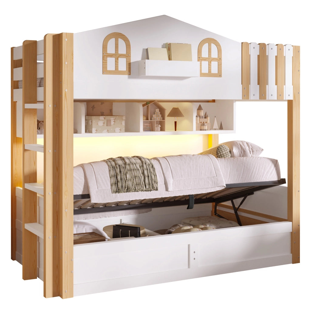 Letto a castello 213.5x103.5x162 cm con contenitore idraulico; LED; legno; bianco e naturale